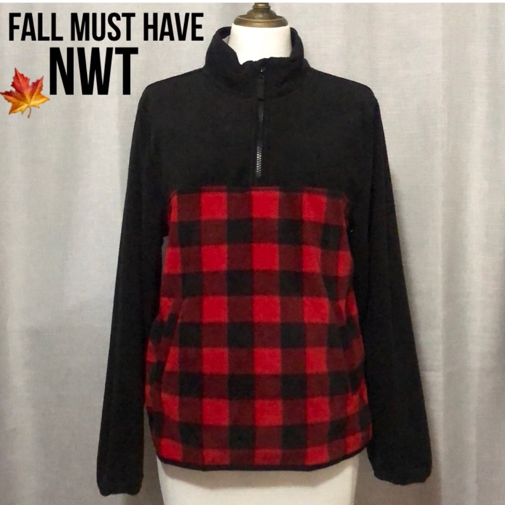 NWT-Fall Must Have Quarter Zip Fleece-Red&Black Buffalo Check Print-Front Pocket